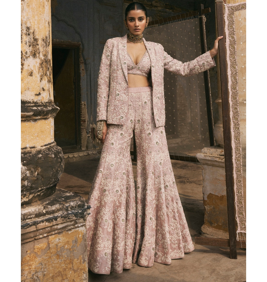Pink Dori Work Jacket And Sharara Set By KYNAH, Luxury Indian Fashion & Bridal Wear