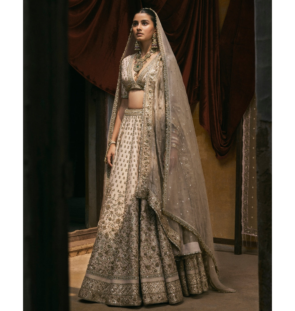 Ivory Tissue With Dabka And Gota Work Lehenga Set By KYNAH, Luxury Indian Fashion & Bridal Wear