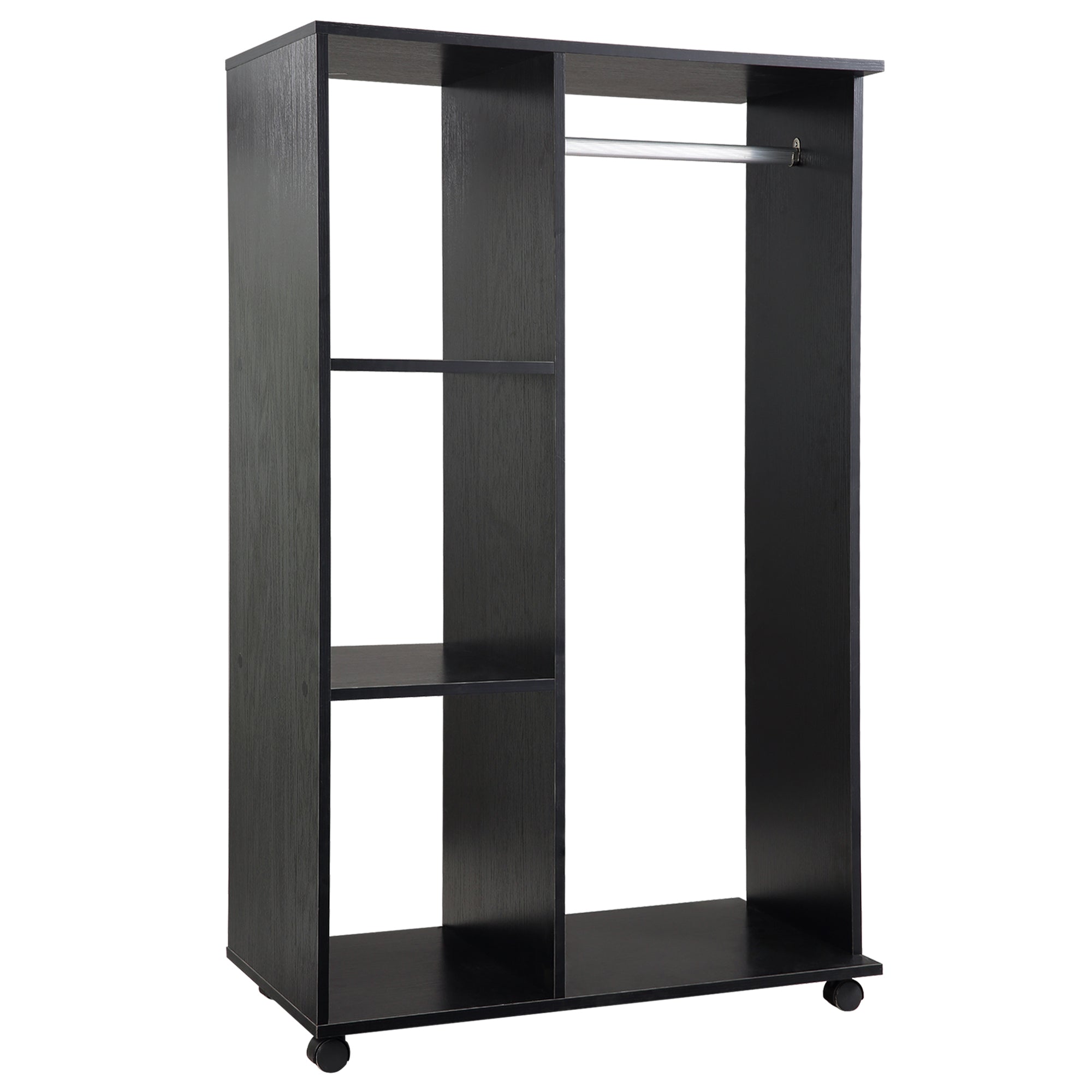 Open Wardrobe on Wheels, Small Wardrobe with Clothes Rail, 3 Storage Shelves, Black