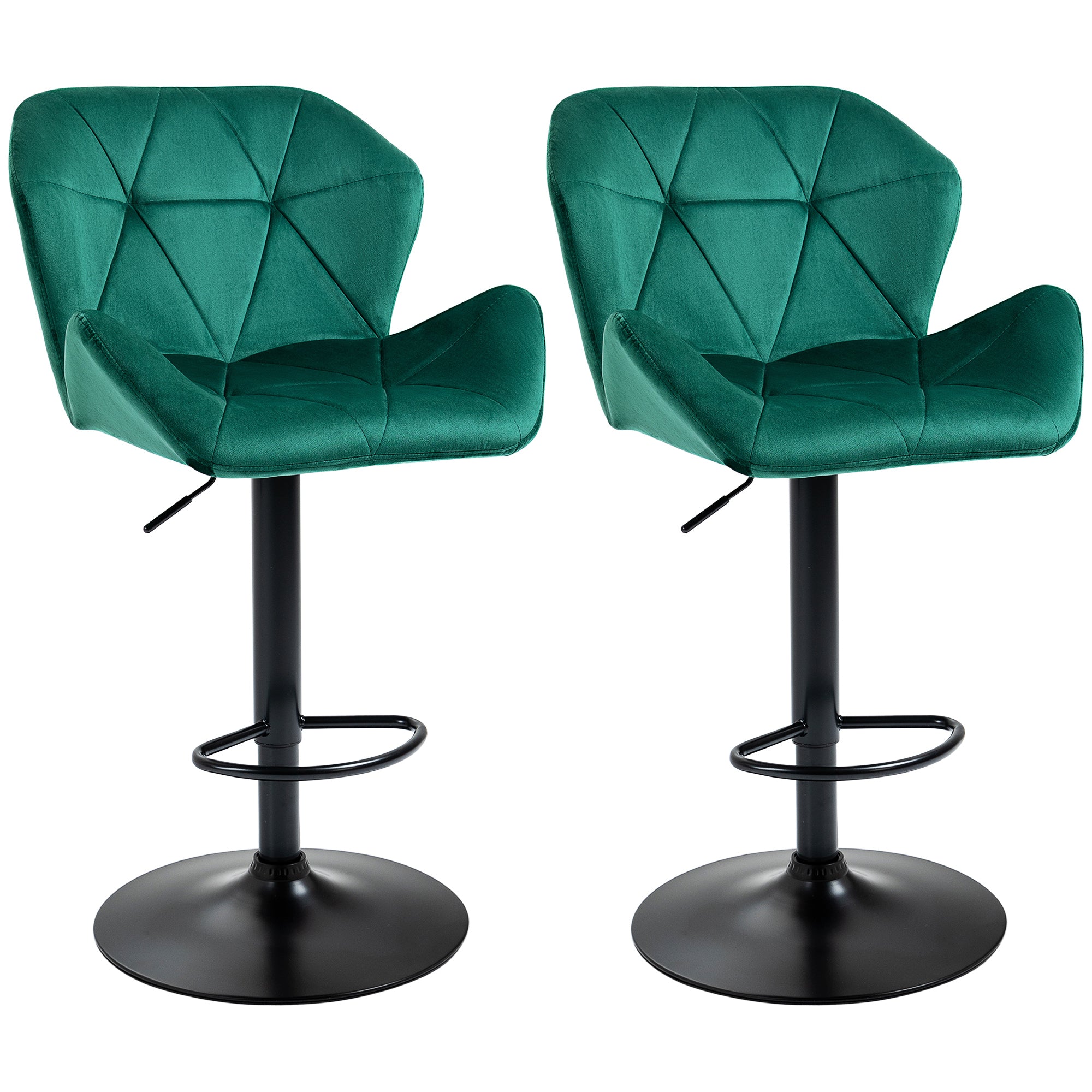Bar Stools Set of 2, Luxury Velvet-feel Swivel Stools w/ Triangle Indenting Moulded Seat, Green