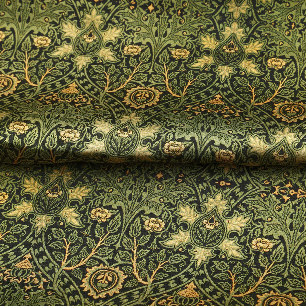 Vintage Green Silk Scarf with Ornate Gold Motifs
