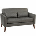 2 Seater Sofa with Solid Wood Legs & PU Leather Upholstery, 132 cm Grey Loveseat for Small Spaces