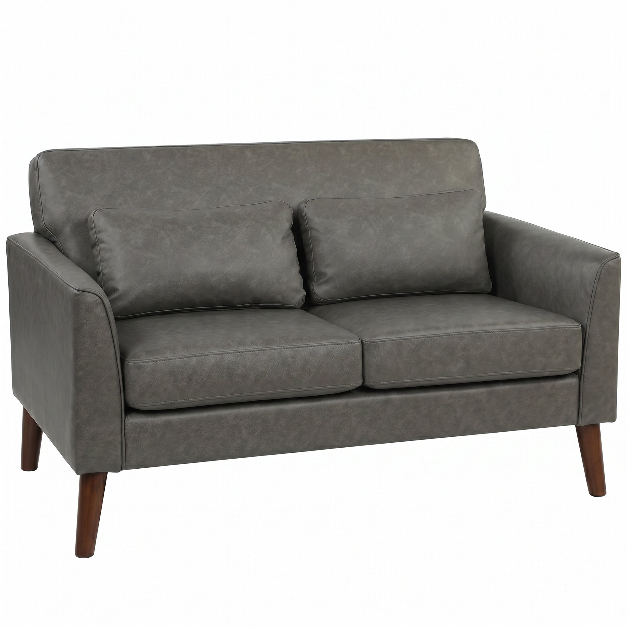2 Seater Sofa with Solid Wood Legs & PU Leather Upholstery, 132 cm Grey Loveseat for Small Spaces