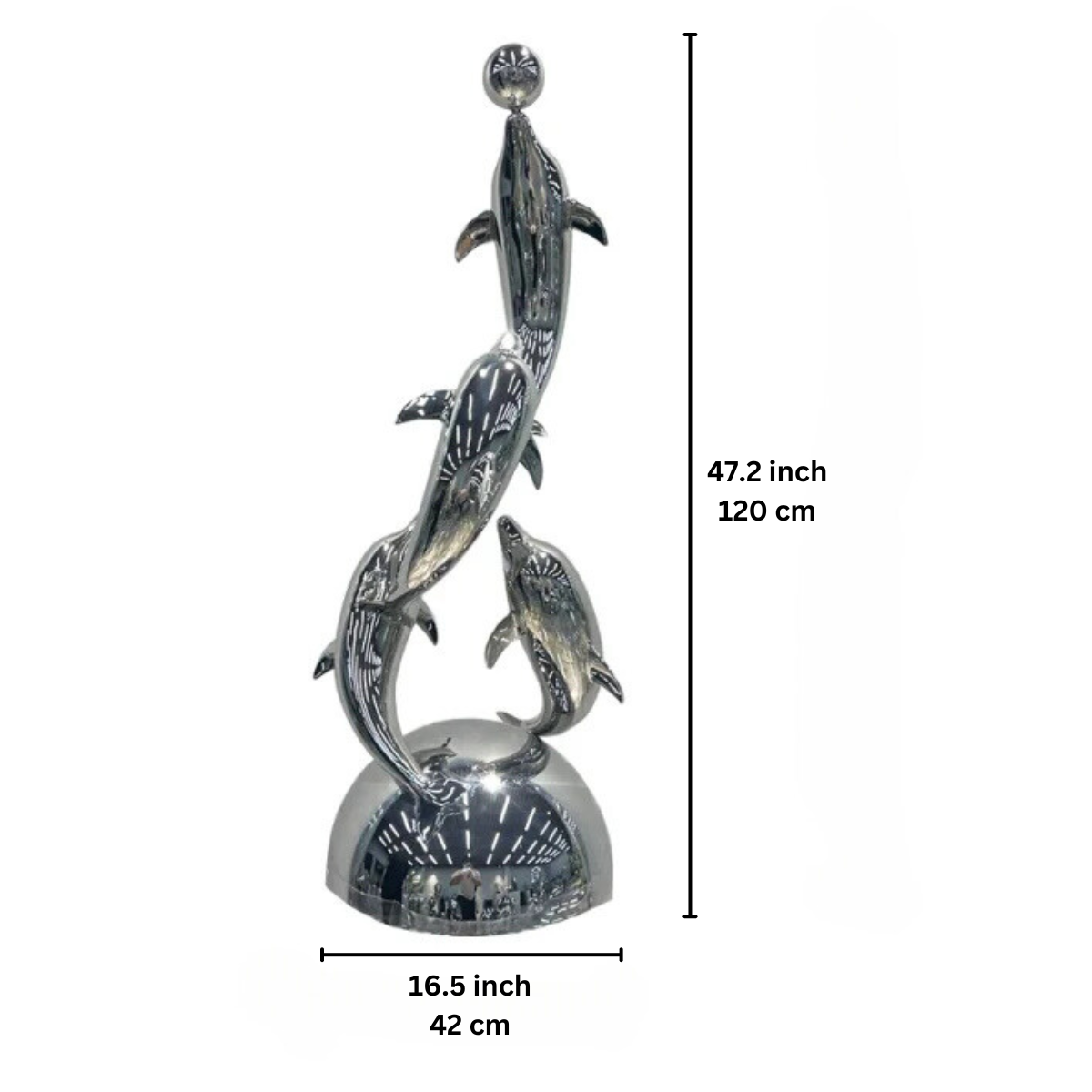 ArtZ® Miami Dolphins Stainless Steel Sculpture - 4 Jumping Dolphins 47.2 by 16.5 inch (120 x 42 cm)