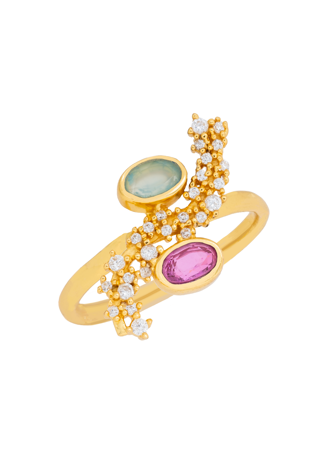 Anillo Cassara Aguamarina y Fucsia