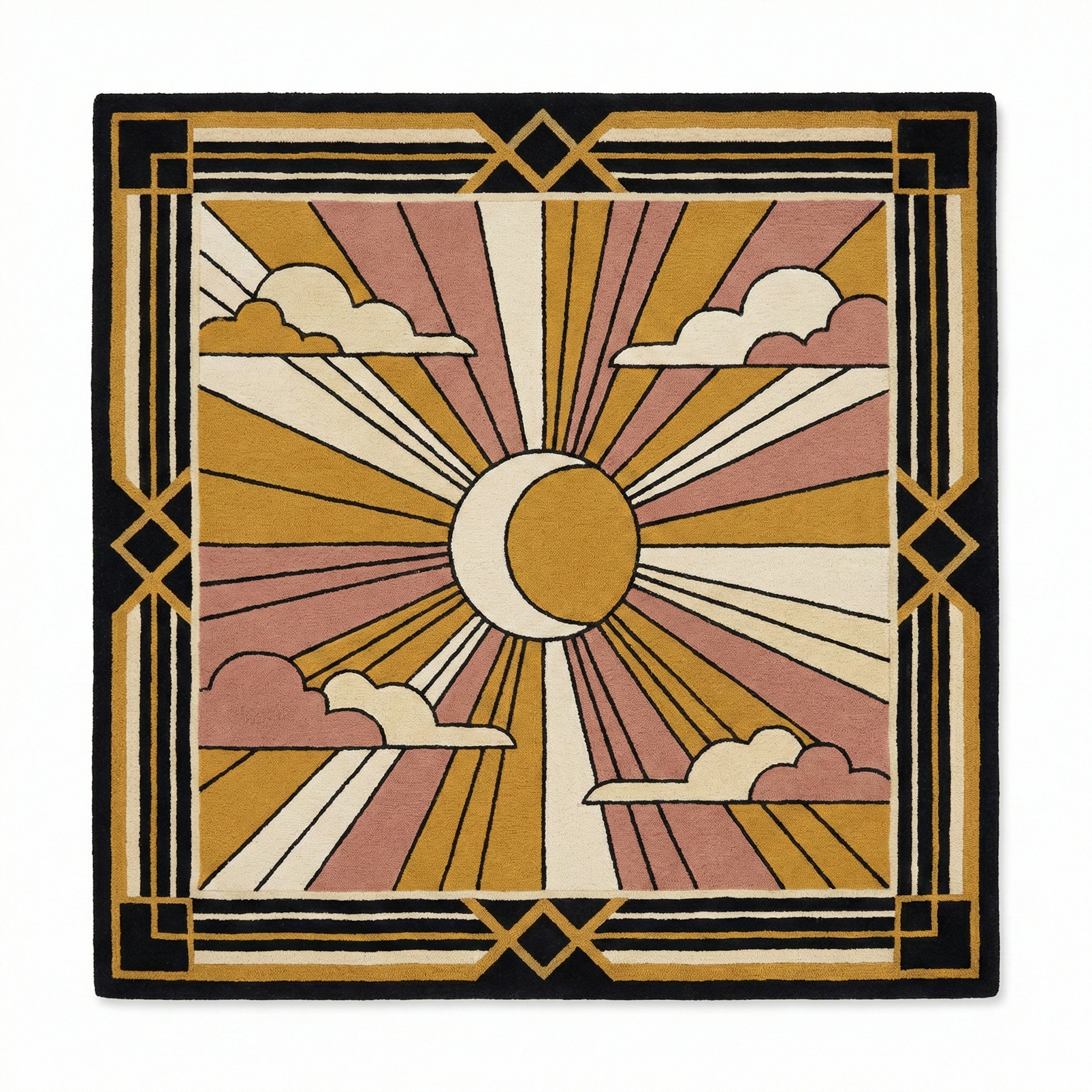 Art Deco Sun and Moon Hand Tufted Square Wool Rug
