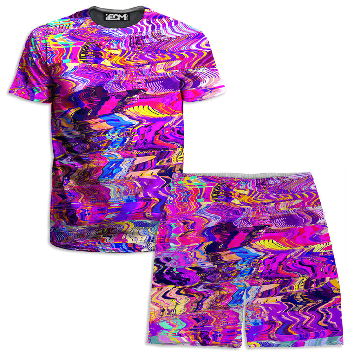 Purple Acid Glitch Waves Men's T-Shirt and Shorts Combo