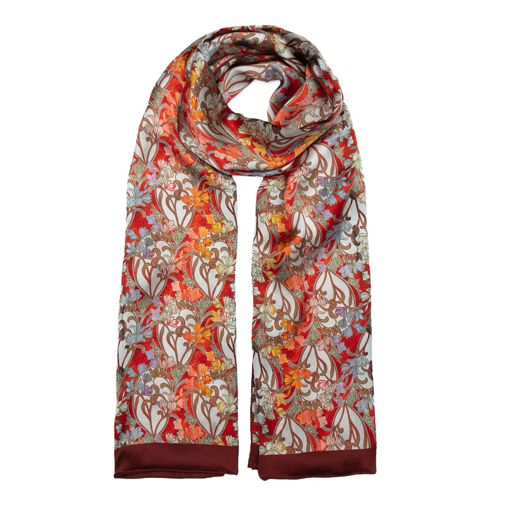 Art Deco Silk Scarf with Vibrant Floral Accents
