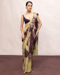 Handwoven Dark Purple & Pista Green Ombre Chiffon Digital Print Sari By KYNAH, Luxury Indian Fashion & Bridal Wear