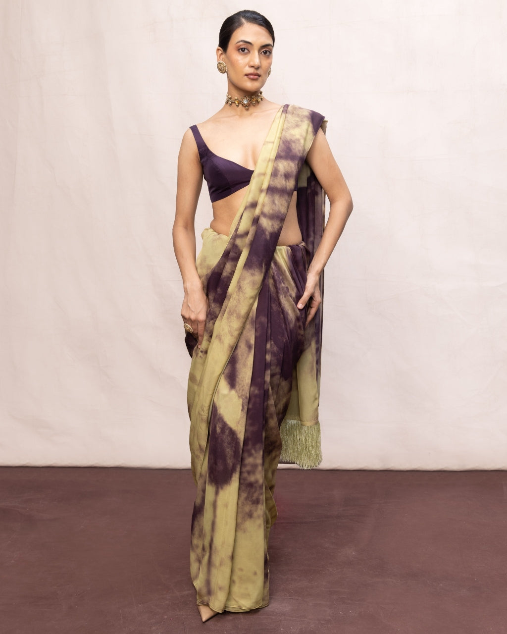 Handwoven Dark Purple & Pista Green Ombre Chiffon Digital Print Sari By KYNAH, Luxury Indian Fashion & Bridal Wear