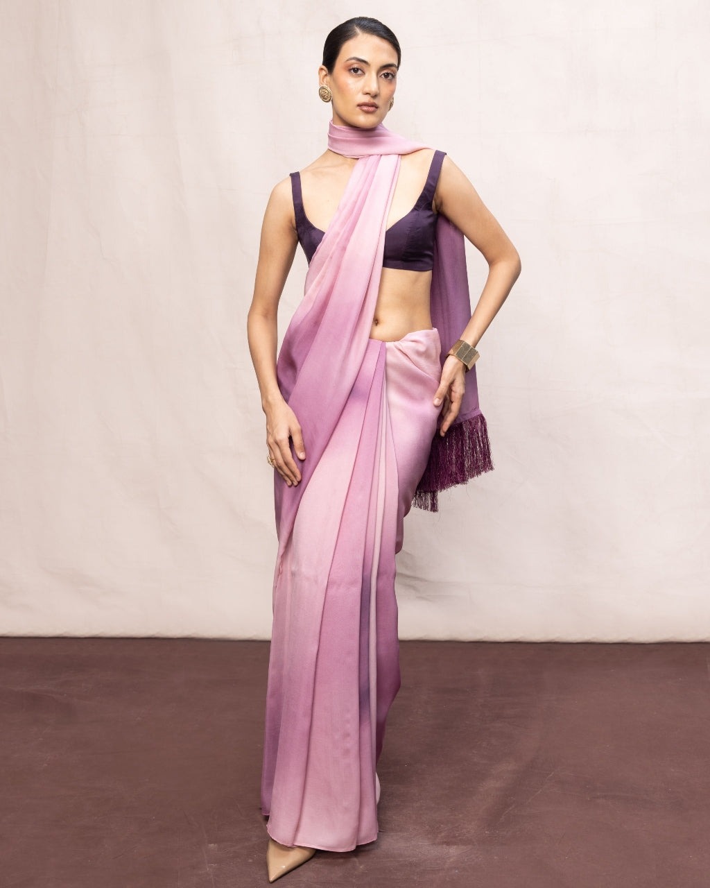 Handwoven Purple & Pink Ombre Chiffon Digital Print Sari By KYNAH, Luxury Indian Fashion & Bridal Wear
