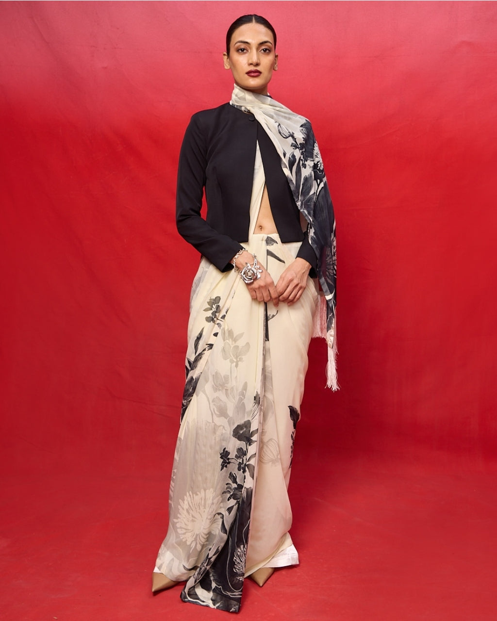 Handwoven Black White Georgette Digital Print Sari By KYNAH, Luxury Indian Fashion & Bridal Wear