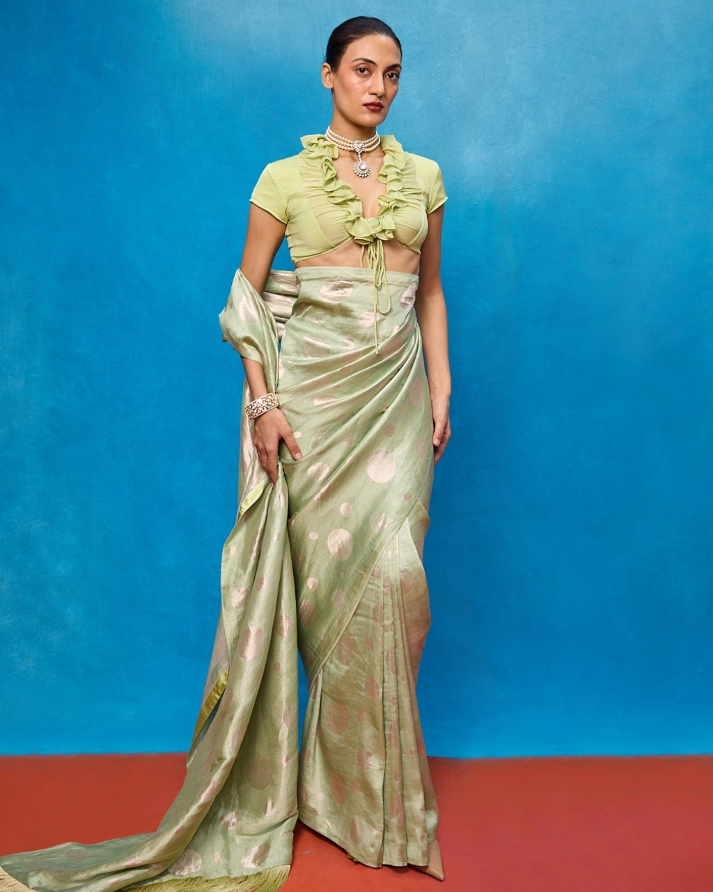 Handwoven Pistachio Green Chiffon Banarasi Sari By KYNAH, Luxury Indian Fashion & Bridal Wear