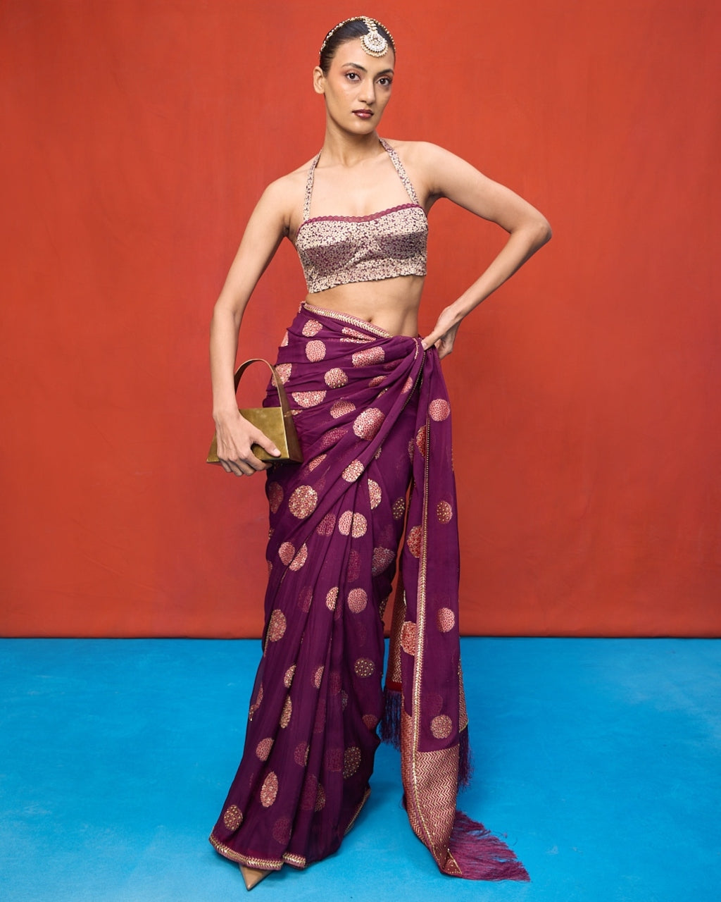 Handwoven Wine Chiffon Banarasi Sari By KYNAH, Luxury Indian Fashion & Bridal Wear