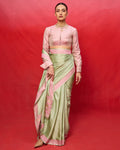 Handwoven Pistachio Green Satin Banarasi Sari By KYNAH, Luxury Indian Fashion & Bridal Wear