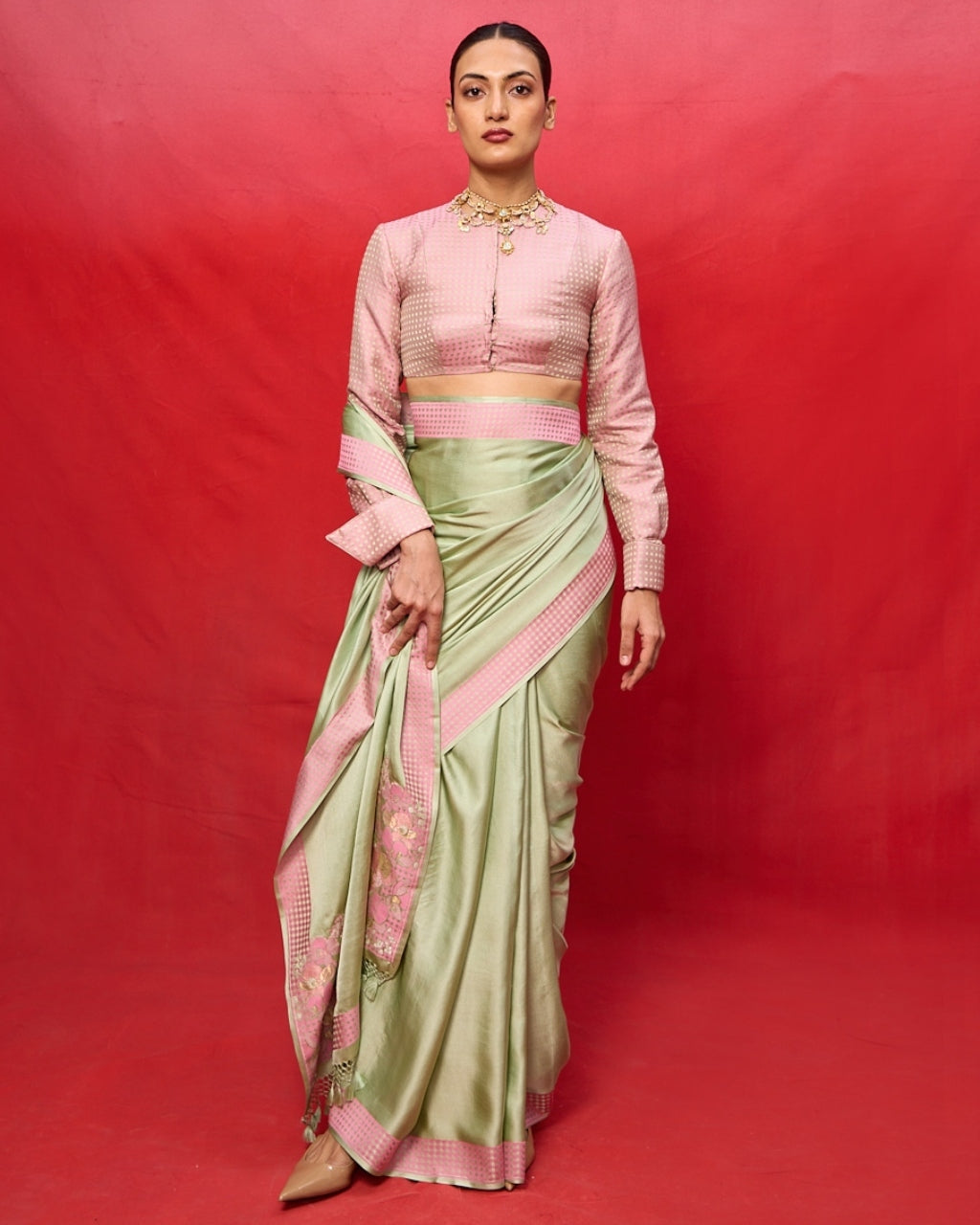 Handwoven Pistachio Green Satin Banarasi Sari By KYNAH, Luxury Indian Fashion & Bridal Wear