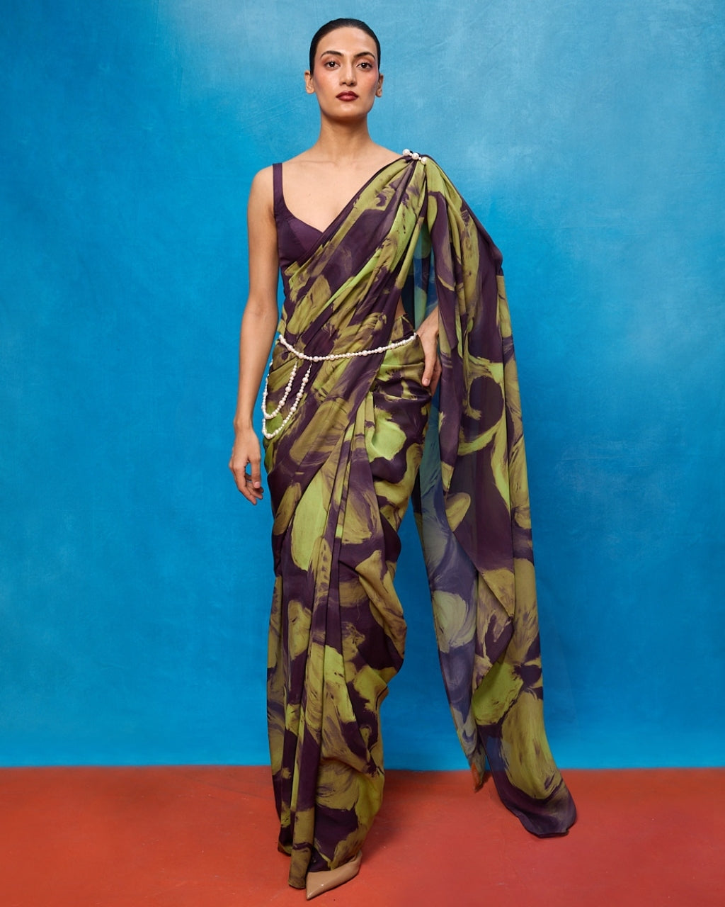 Handwoven Purple & Pista Green Brushstroke Chiffon Digital Print Sari By KYNAH, Luxury Indian Fashion & Bridal Wear