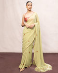 Handwoven Pistachio Green Georgette Embroidered Sari By KYNAH, Luxury Indian Fashion & Bridal Wear