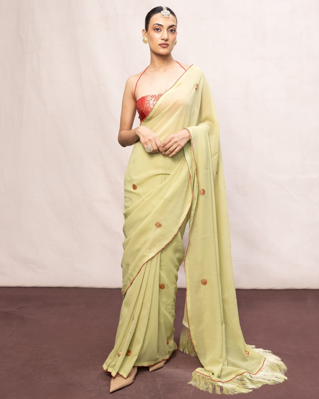 Handwoven Pistachio Green Georgette Embroidered Sari By KYNAH, Luxury Indian Fashion & Bridal Wear