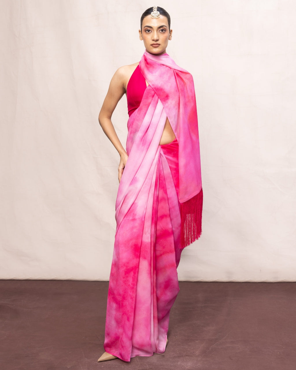 Handwoven Pink Ombre Chiffon Digital Print Sari By KYNAH, Luxury Indian Fashion & Bridal Wear