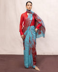 Handwoven Blue & Red Brushstroke Chiffon Digital Print Sari By KYNAH, Luxury Indian Fashion & Bridal Wear
