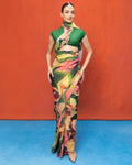 Handwoven Bottle Green & Pink Brushstroke Chiffon Digital Print Sari By KYNAH, Luxury Indian Fashion & Bridal Wear