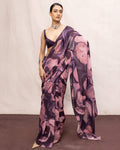 Handwoven Purple & Pink Brushstroke Chiffon Digital Print Sari By KYNAH, Luxury Indian Fashion & Bridal Wear