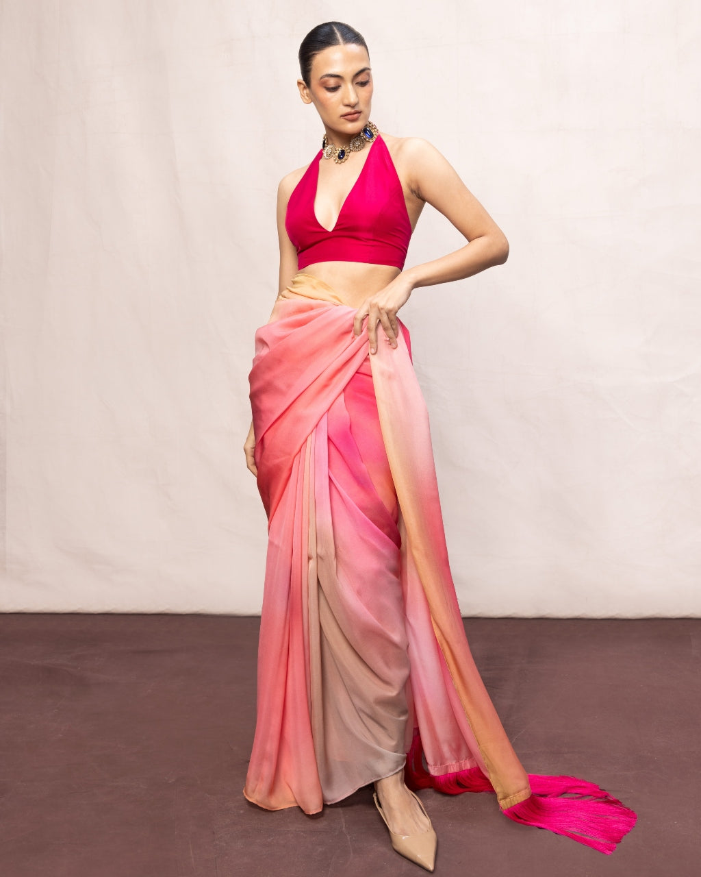 Handwoven Pink & Pista Green Ombre Chiffon Digital Print Sari By KYNAH, Luxury Indian Fashion & Bridal Wear