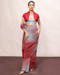 Handwoven Coral Red & Blue Ombre Chiffon Digital Print Sari By KYNAH, Luxury Indian Fashion & Bridal Wear