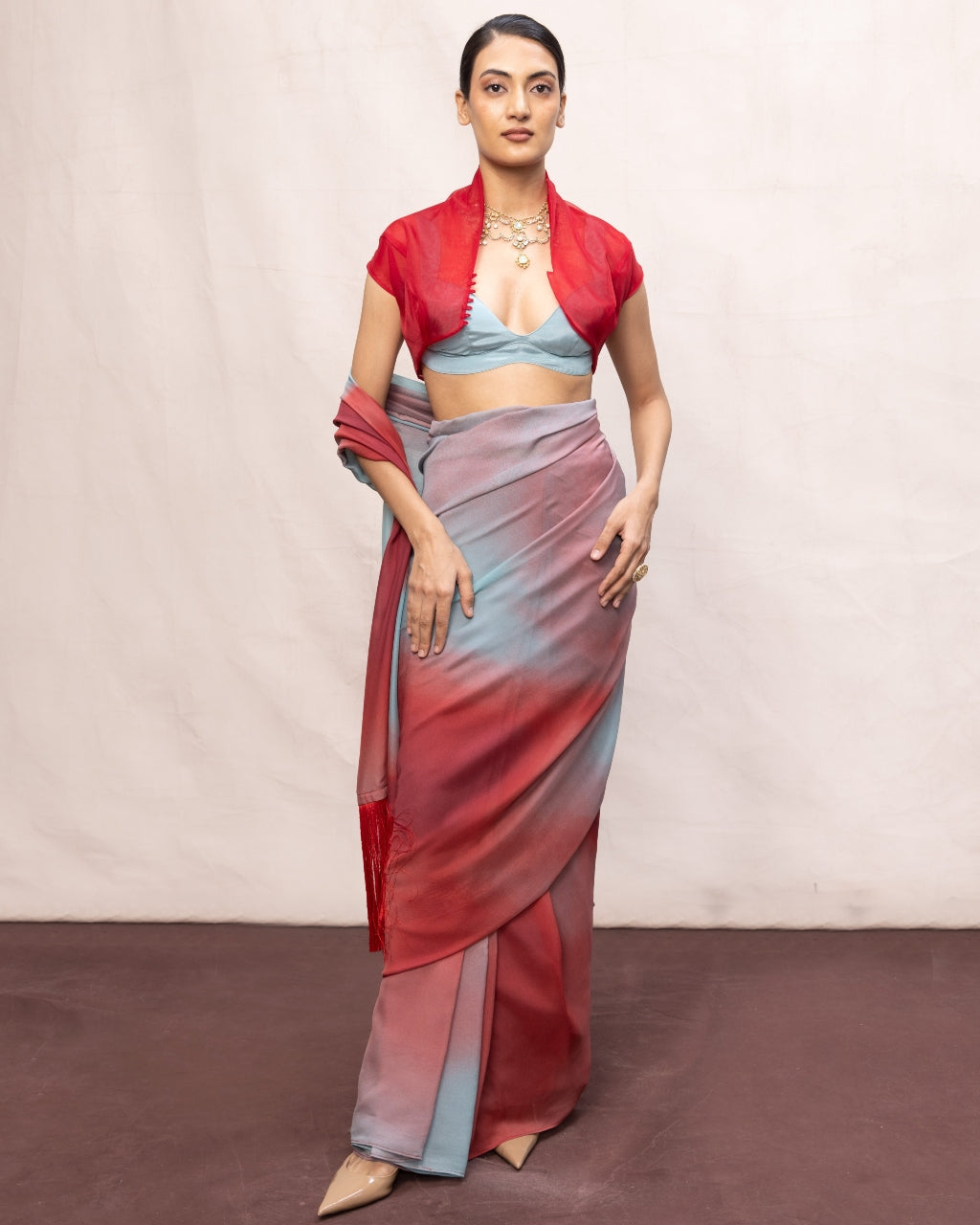 Handwoven Coral Red & Blue Ombre Chiffon Digital Print Sari By KYNAH, Luxury Indian Fashion & Bridal Wear