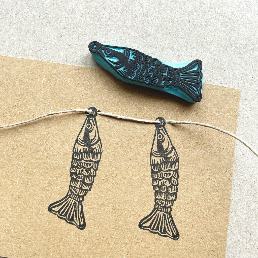 Articulated fish rubber stamp, vintage style little fish stamp