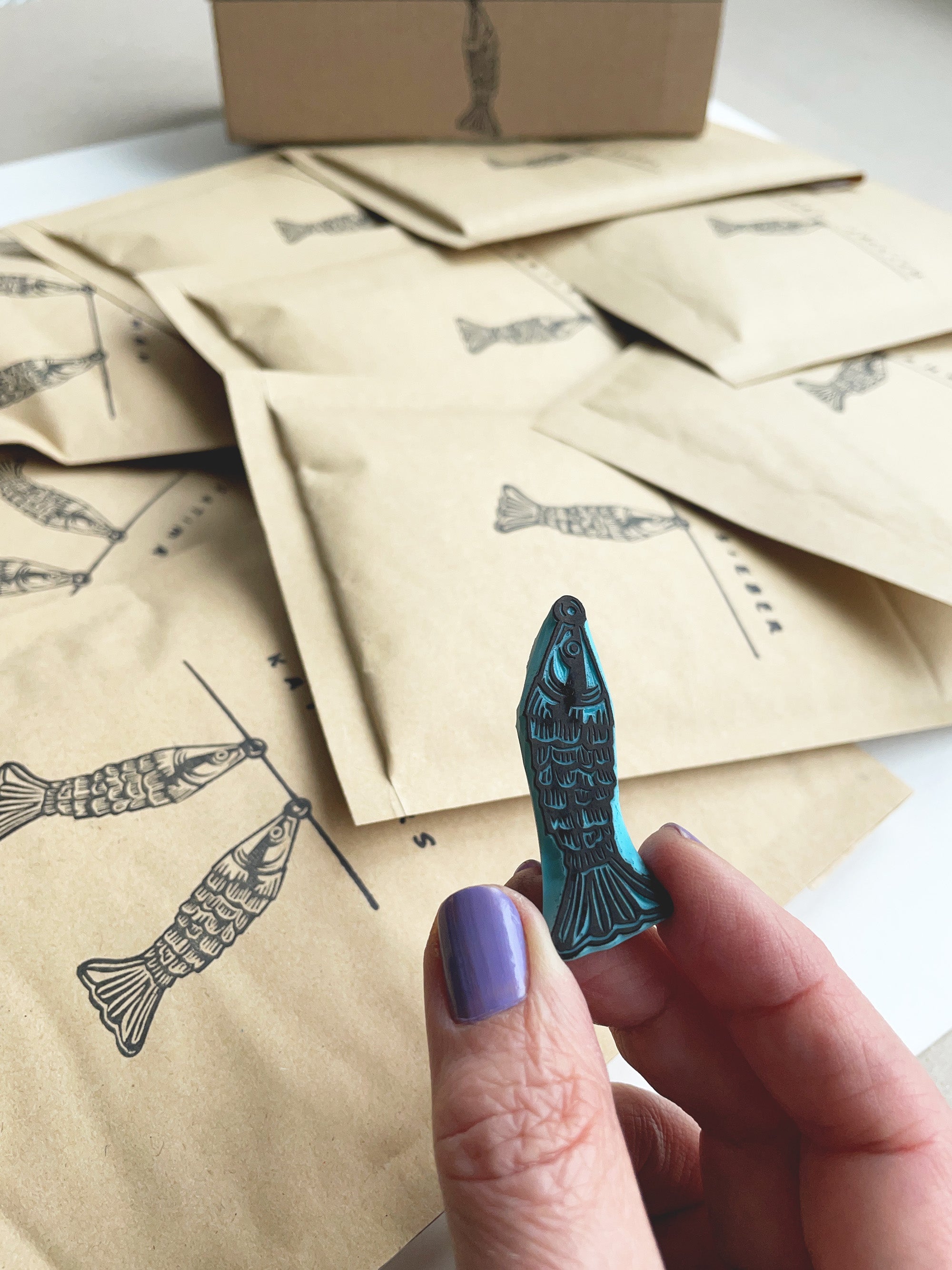 Articulated fish rubber stamp, vintage style little fish stamp