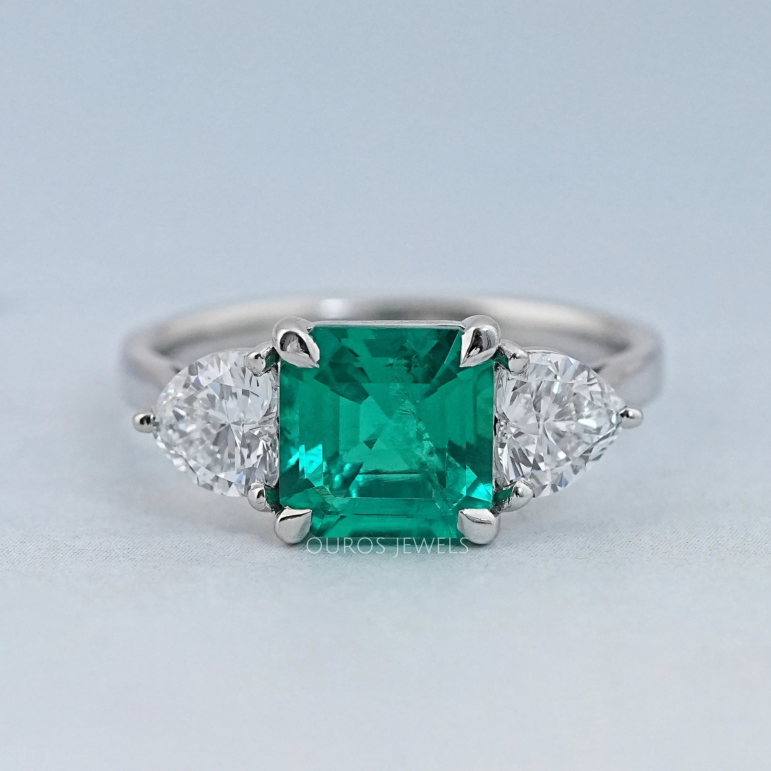 Green Asscher Gemstone Three Stone Engagement Ring