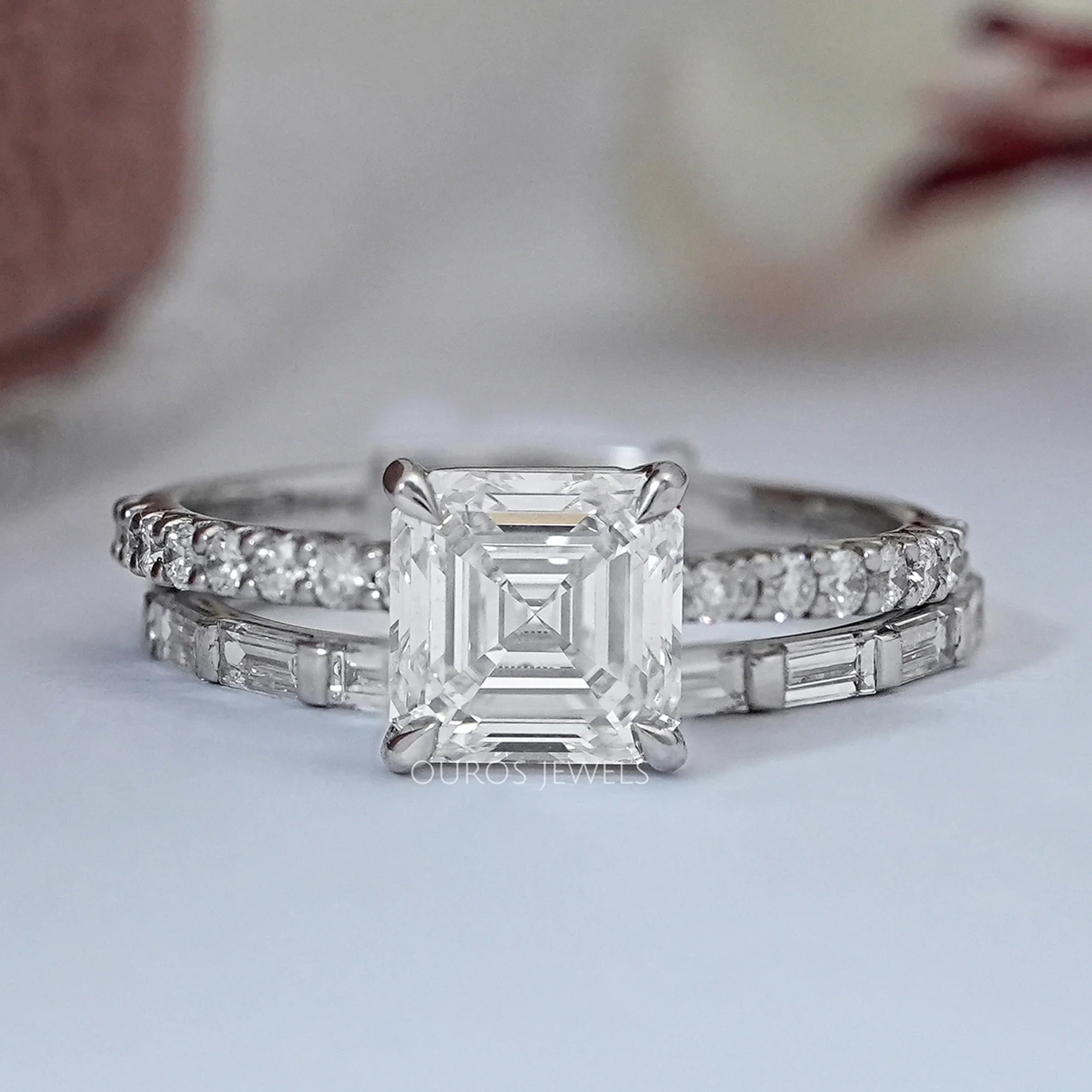 Asscher Lab Diamond Solitaire Accent Bridal Ring Set