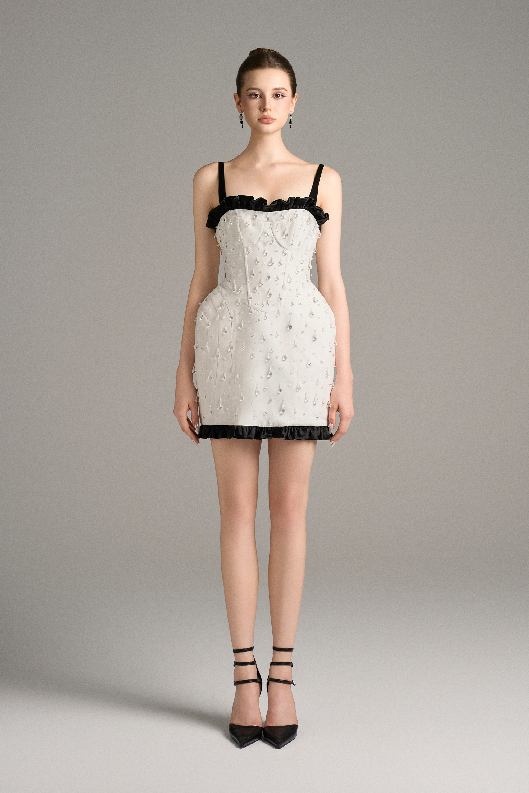 Atelier Crystal Cascade Mini Dress With Black Ruffle Trim