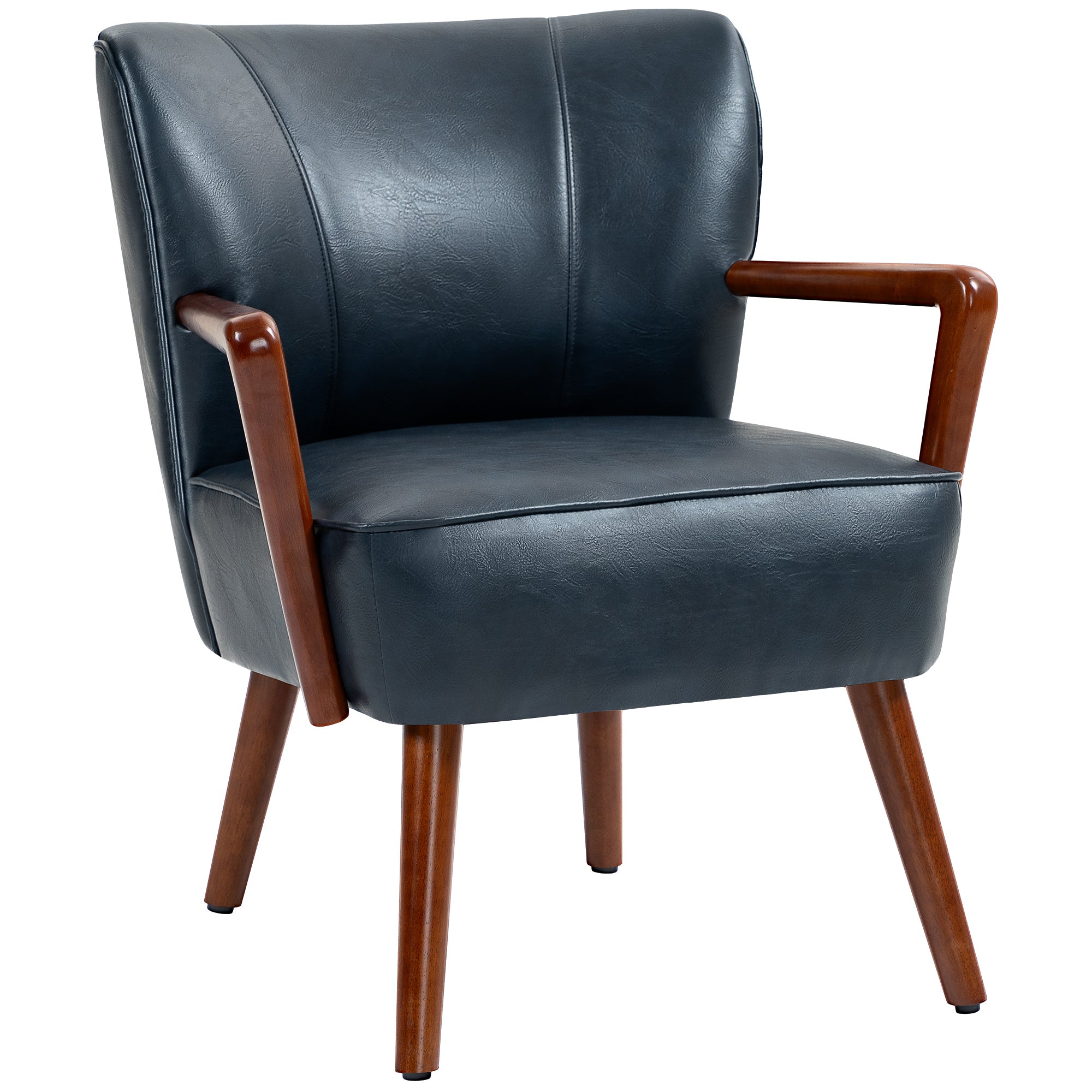Modern Faux Leather Accent Chair with Wood Legs & Wide Padded Seat Deep Sea Blue