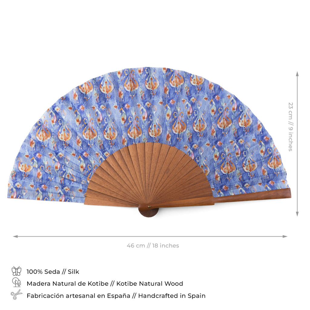 Blue and Orange Handcrafted Ikat-Inspired Silk Fan
