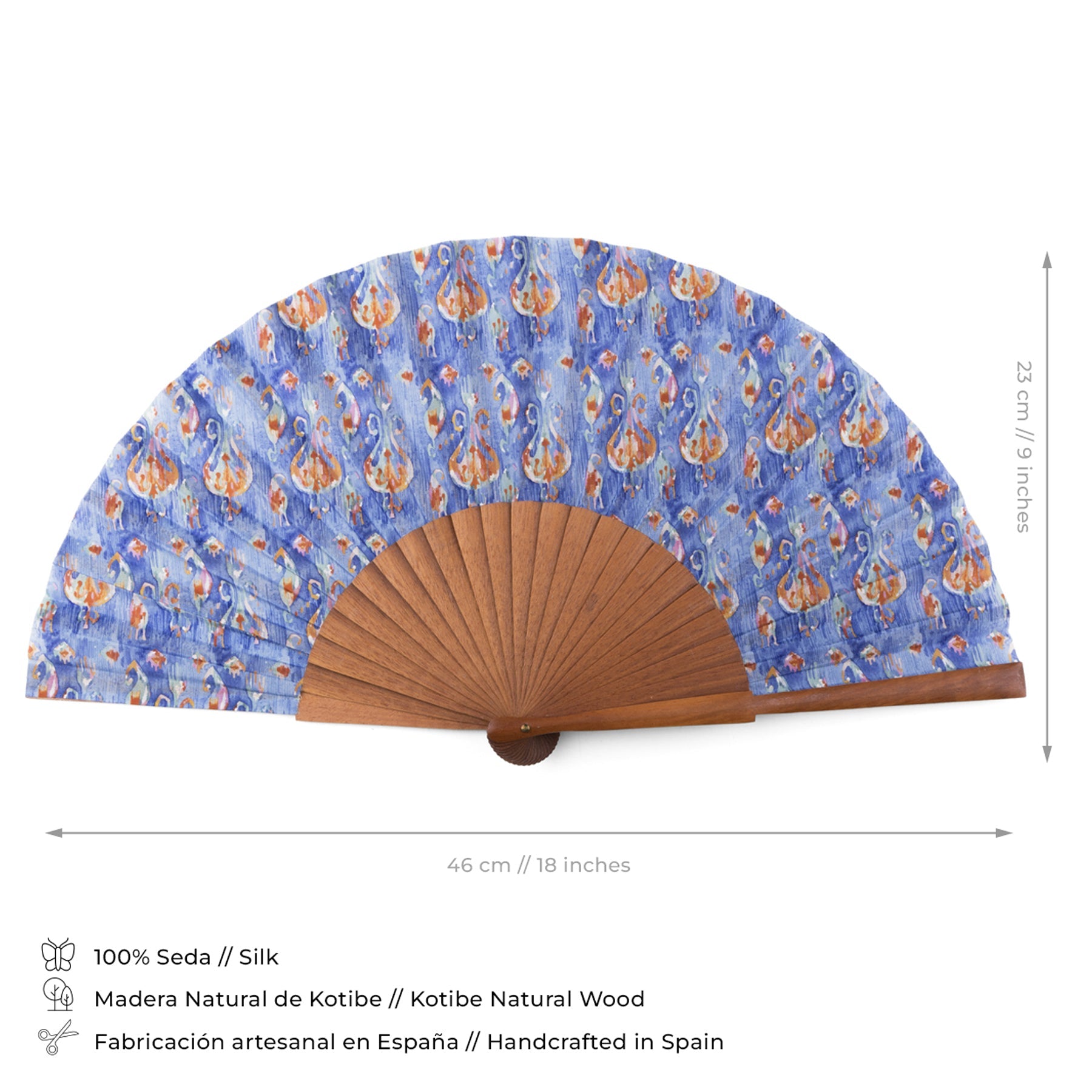 Blue and Orange Handcrafted Ikat-Inspired Silk Fan
