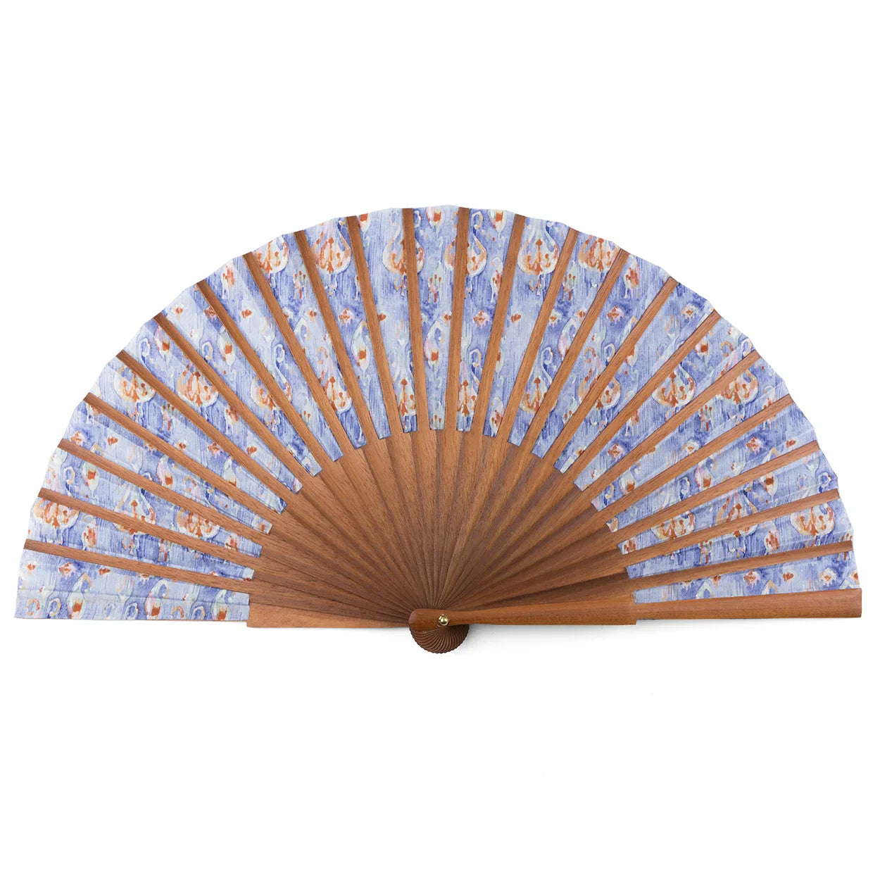 Blue and Orange Handcrafted Ikat-Inspired Silk Fan