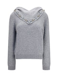 Prada Crystal-Embellished Integrated Scarf Sweater — Gray