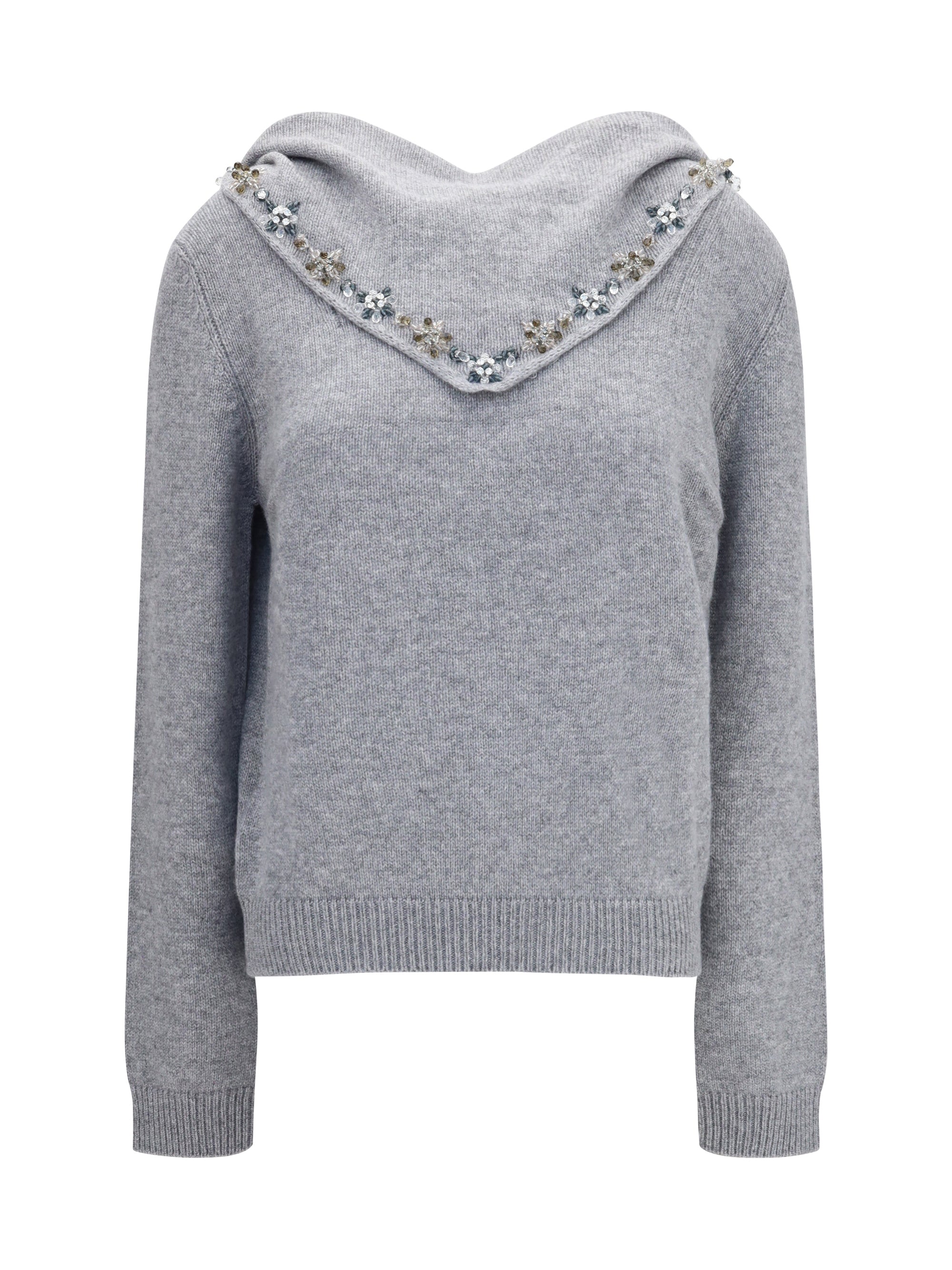 Prada Crystal-Embellished Integrated Scarf Sweater — Gray