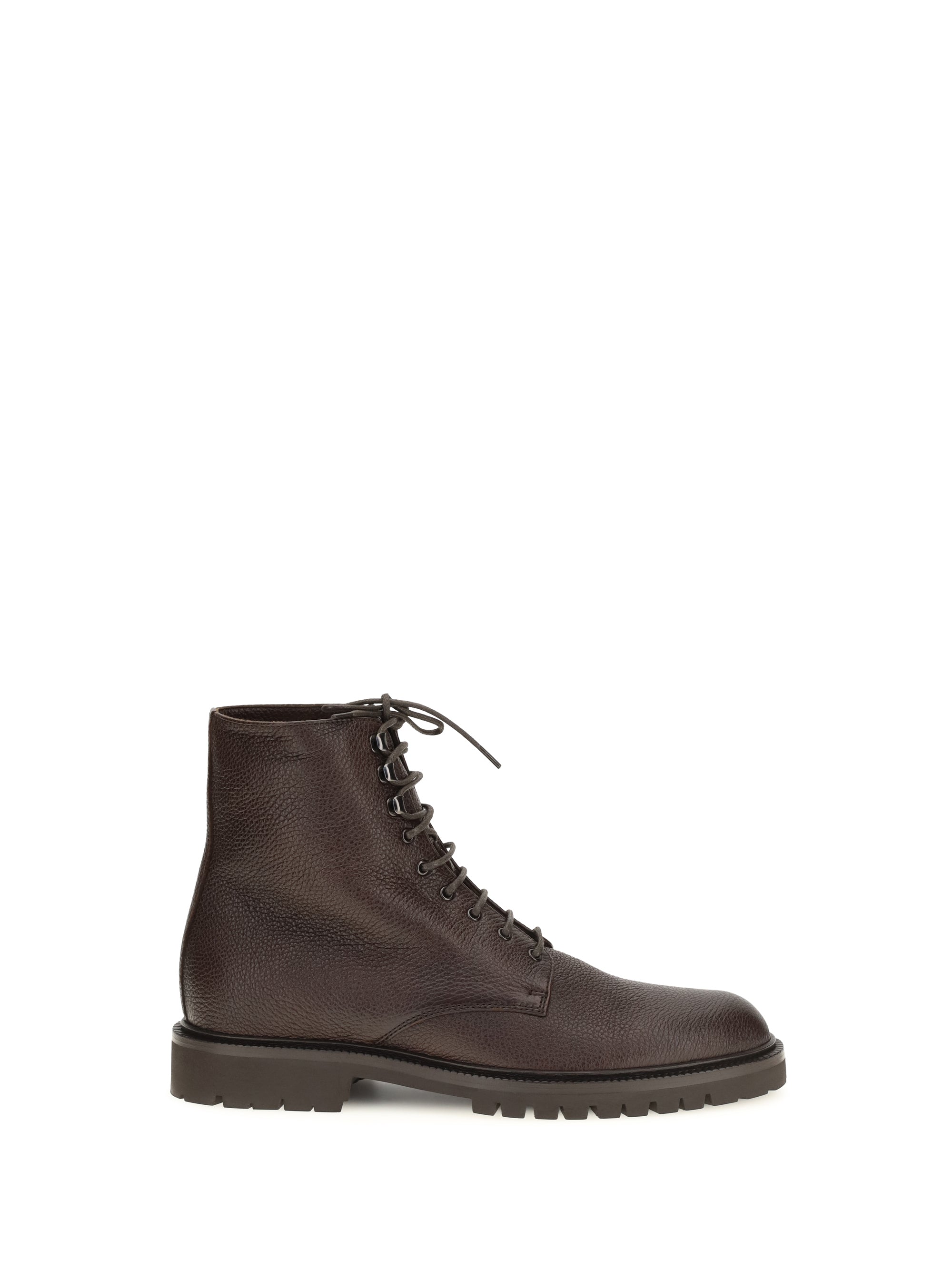 Brunello Cucinelli Hammered Leather Lace-Up Ankle Boot — Brown