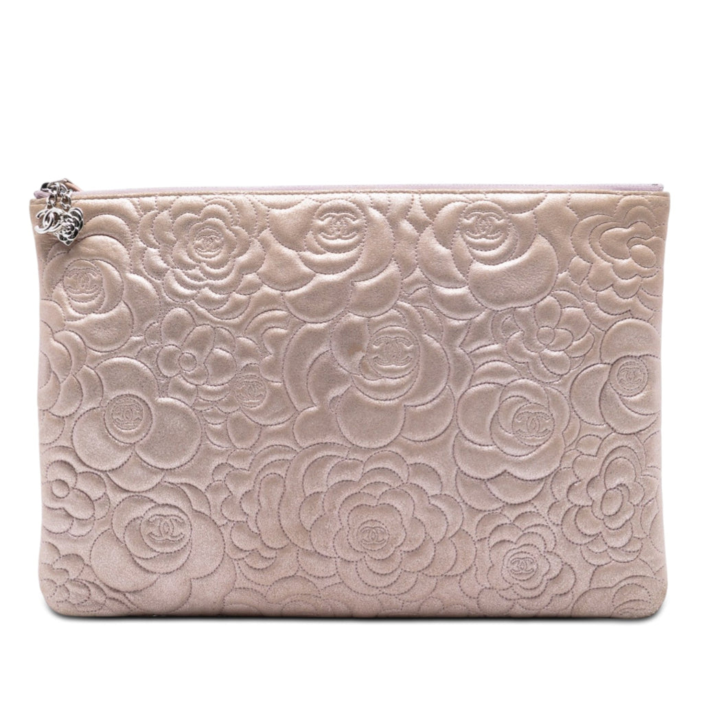 Large CC Embossed Metallic Lambskin Camellia O Case Clutch