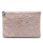 Large CC Embossed Metallic Lambskin Camellia O Case Clutch