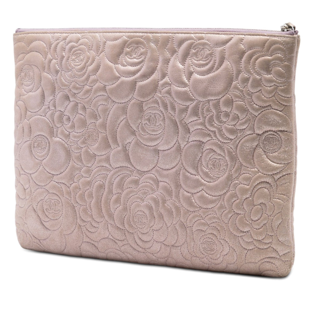 Large CC Embossed Metallic Lambskin Camellia O Case Clutch