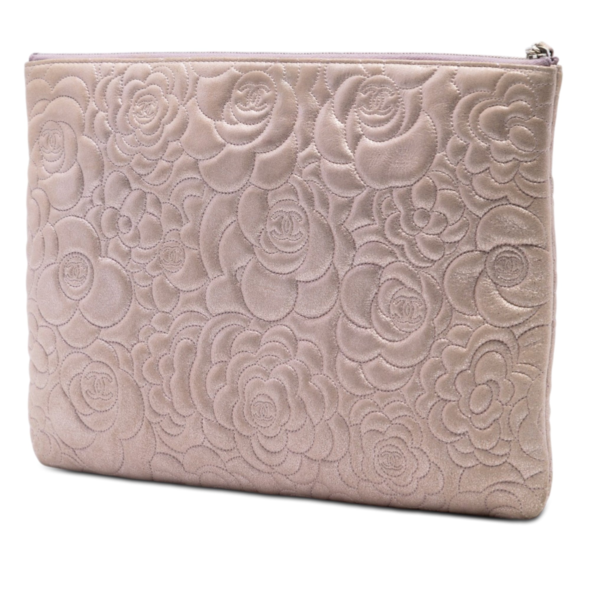 Large CC Embossed Metallic Lambskin Camellia O Case Clutch