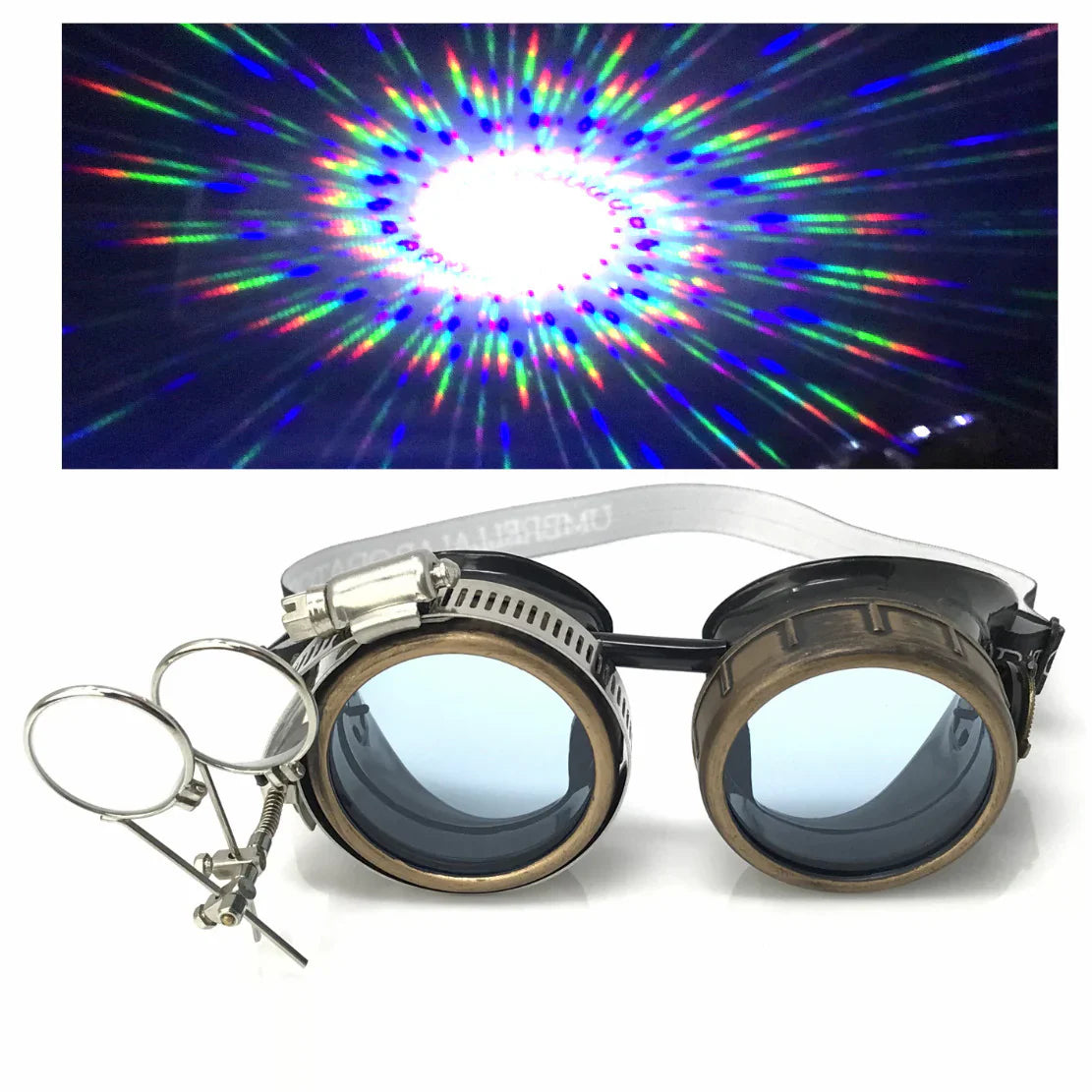 Steampunk Goggles With Magnifying Loupes UV Glow Neon Blue Spiral Diffraction Lenses