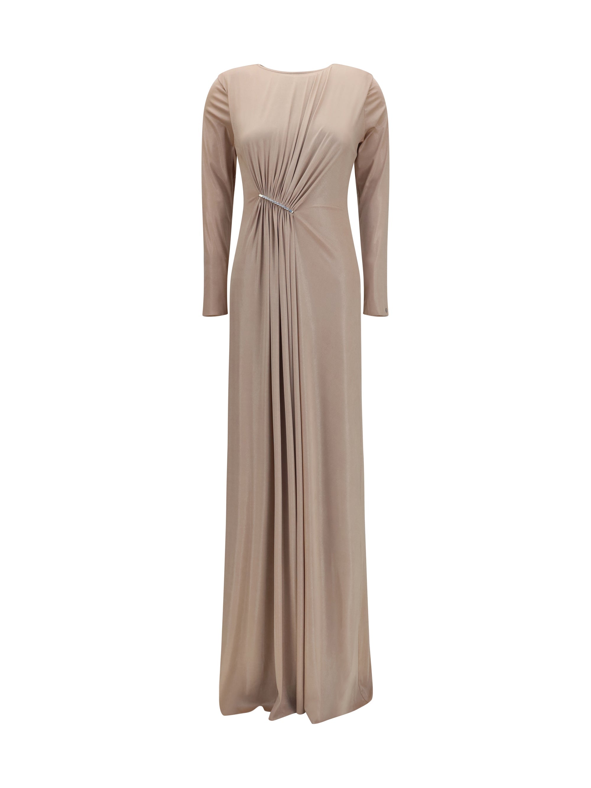 Nissa Crystal-Detail Chiffon Dress — Beige