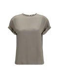 Brunello Cucinelli Monili Chain-Embellished Silk Blouse — Gray