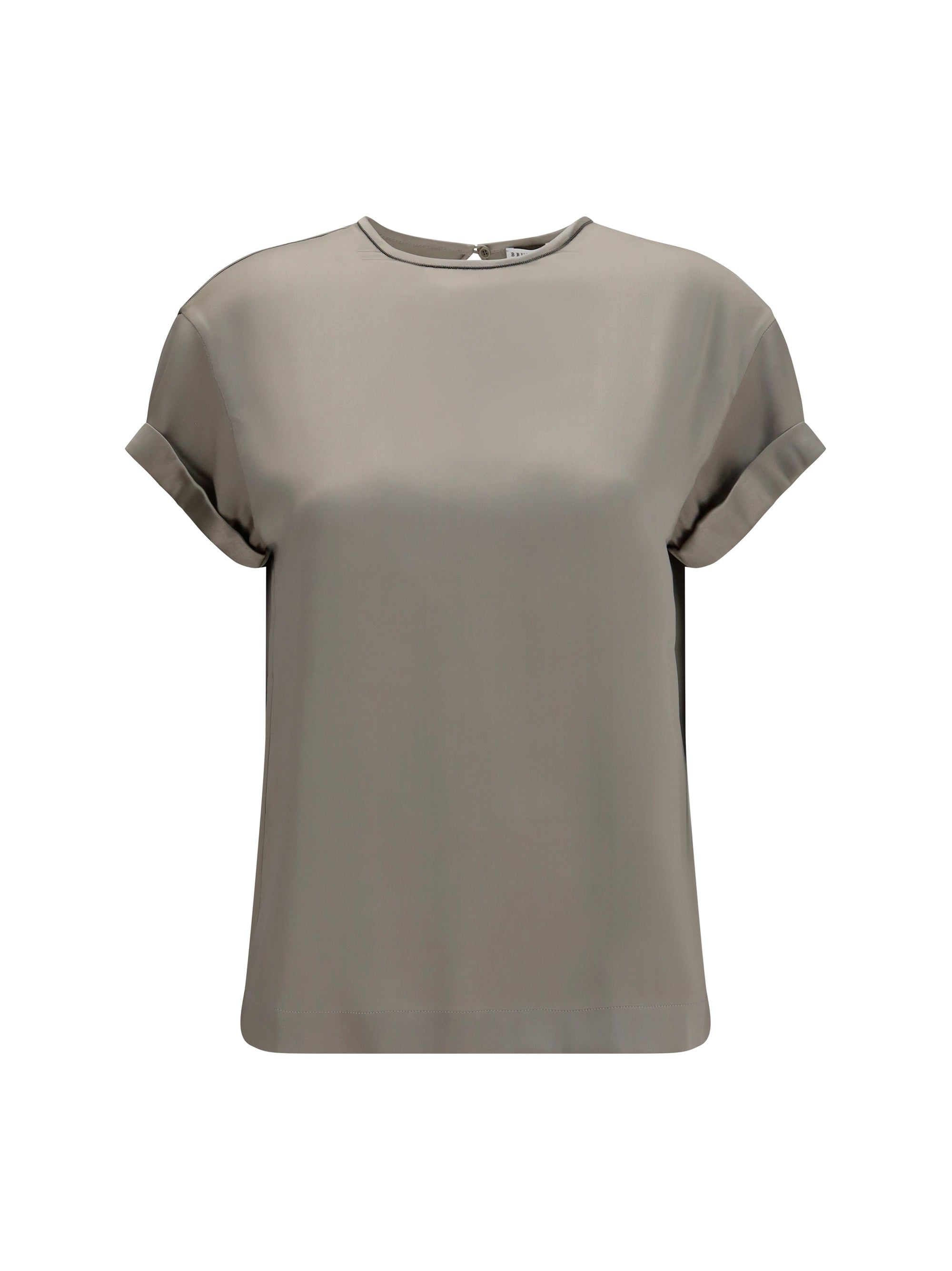 Brunello Cucinelli Monili Chain-Embellished Silk Blouse — Gray